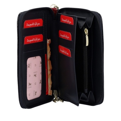 Carteira preta com fecho de correr aberta mostrando compartimentos para cartões e moedas