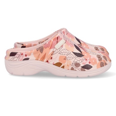 Par de sandálias rosa com padrão floral e sola clara