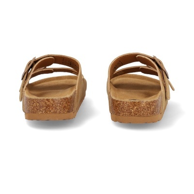 Chinelos castanhos com sola tipo cortiça vistos de trás