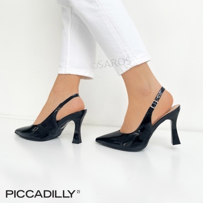 Sapatos de salto alto de verniz preto com alça traseira ajustável