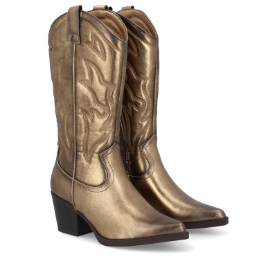 Botas femininas douradas metálicas de cano alto com salto médio em bloco