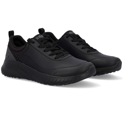 Par de sapatilhas desportivas pretas Skechers com sola preta e logo cinzento