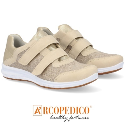 Ténis de senhora cor bege ARCO PEDICO com fecho de velcro duplo e sola branca