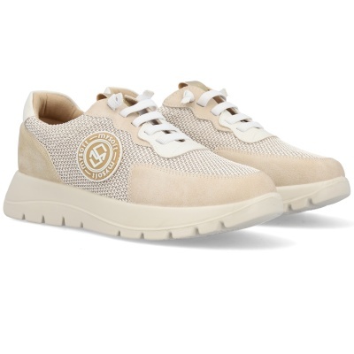 Sapatilhas bege e cru com malha, camurça, sola espessa e logo mysoft na lateral