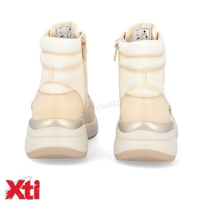 Botins desportivos femininos creme e bege vistos de trás