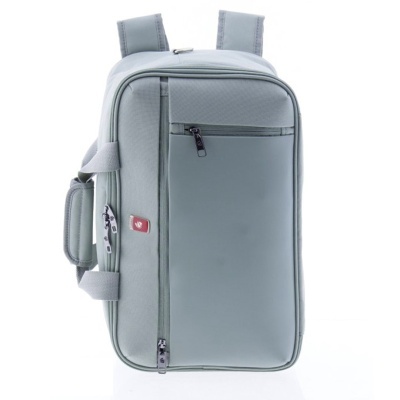 Mochila cinza clara com vários bolsos e alças ajustáveis