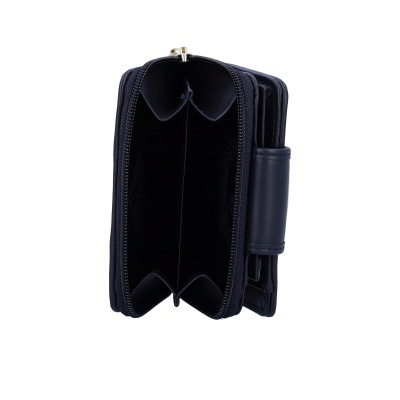 Carteira preta em material sintético aberta com fecho de correr