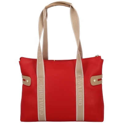 Mala de senhora vermelha com alças bege e detalhes em pele