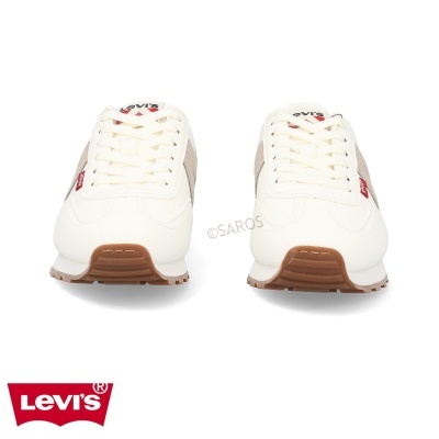 Sapatilhas Levi's brancas com detalhes cinza e castanho, etiquetas vermelhas Levi's