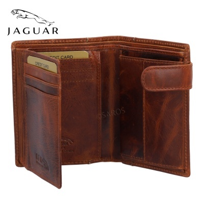 Carteira de pele castanha Jaguar aberta com vários compartimentos para cartões.