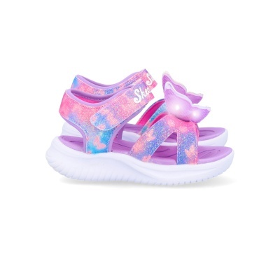 Sandálias infantis Skechers rosa, lilás e azul com borboleta e sola branca