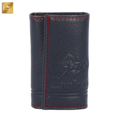 Chaveiro preto de couro com costuras vermelhas e logotipo Cavalinho