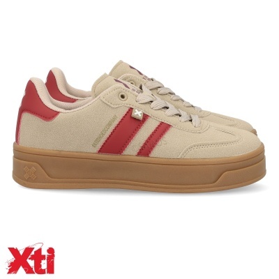 Ténis bege com detalhes em vermelho e sola castanha da marca Xti