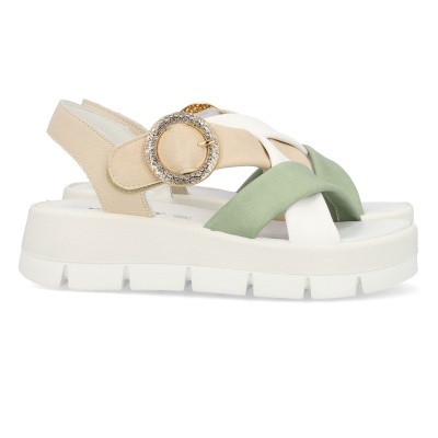 Sandálias de plataforma com tiras em pele bege, branca e verde com fivela dourada e sola branca
