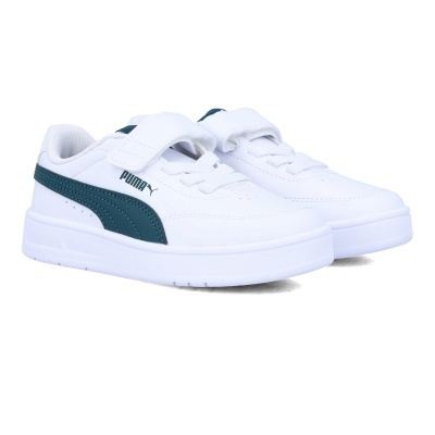 Sapatilhas Puma brancas com risca lateral verde escuro e fecho de velcro