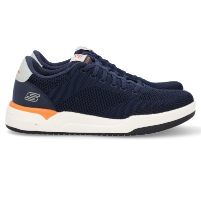 Ténis desportivos azuis escuros com sola branca e detalhes laranja