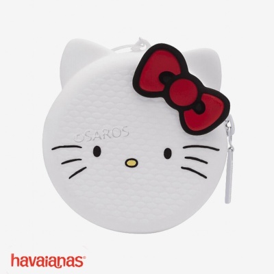 Estojo redondo branco Hello Kitty com laço vermelho e preto.