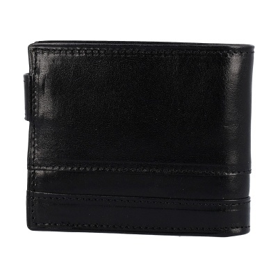 Carteira preta de pele com costuras, sobre fundo branco