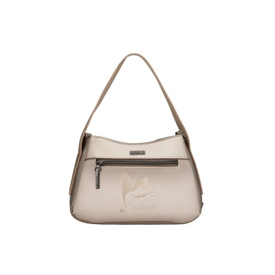 Mala de ombro feminina bege com alça castanha e bolso frontal