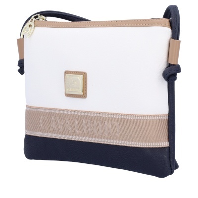 Mala de ombro branca, bege e azul escuro com zíper dourado e logo Carlo Lucio