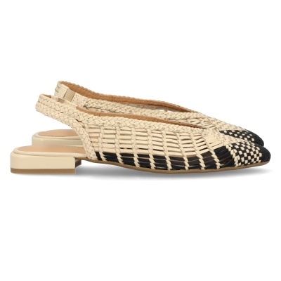 Sapatos slingback de salto baixo em padrão trançado bege e preto