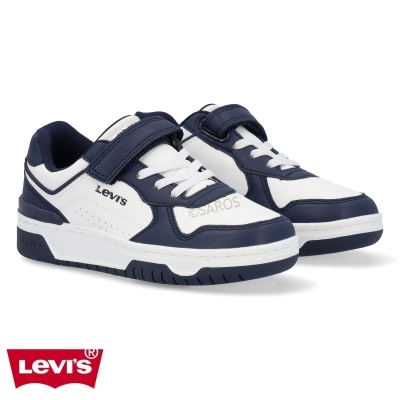 Ténis brancos e azuis Levi's com fecho de velcro e atacadores.