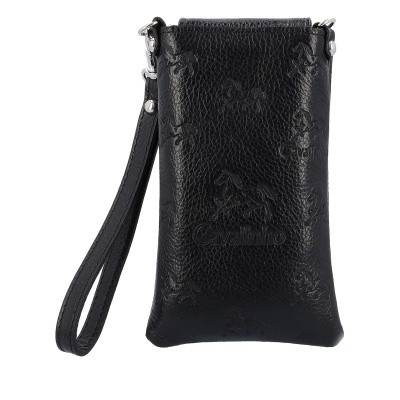 Bolsa preta de couro com padrão de cavalos em relevo e alça de pulso