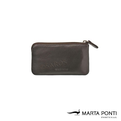 Carteira pequena de pele castanha escura com fecho de correr e gravação 