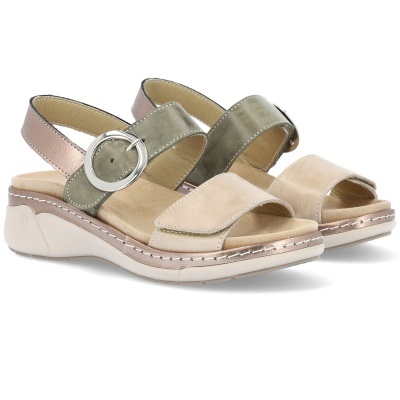 Sandálias abertas de senhora com tiras bege, verde oliva e rosa e fivela redonda prateada