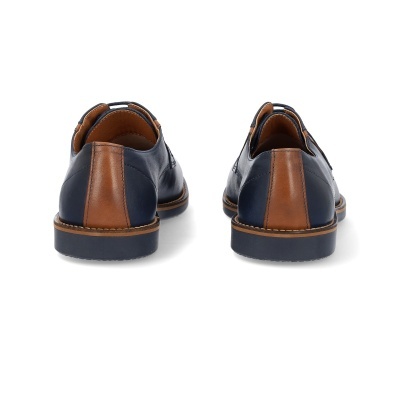 Par de sapatos de pele castanho e azul escuro vistos de trás