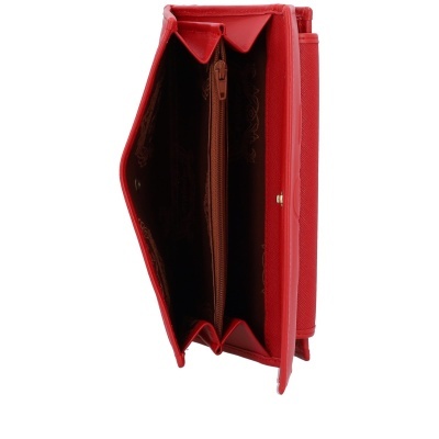 Carteira vermelha com interior castanho e fecho metálico dourado