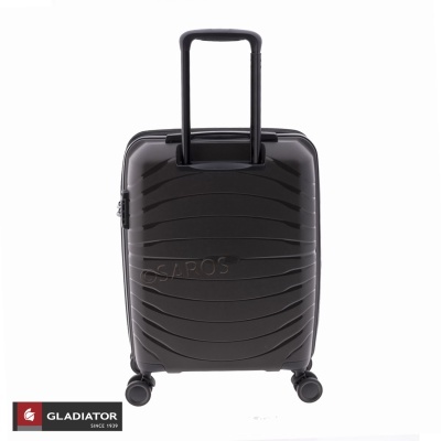 Mala de viagem rígida preta da marca Gladiator com quatro rodas e alça extensível