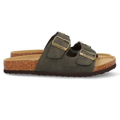 Sandálias verdes com duas tiras com fivelas douradas e sola de cortiça