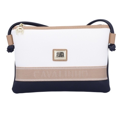 Mala de mão branca, bege e preta com alça e fecho dourado