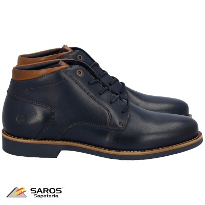 Botins masculinos azuis em pele com detalhes castanhos