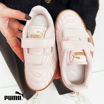 Sapatilhas infantis PUMA rosa claro com velcro e sola castanha