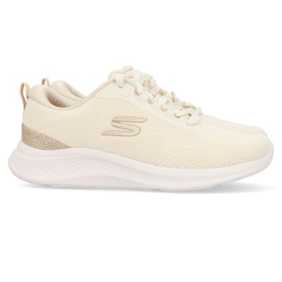 Ténis Skechers cor bege claro com sola branca e detalhe brilhante no calcanhar