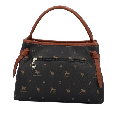 Mala de mão preta com padrão castanho e alças castanhas