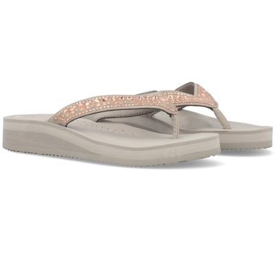 Chinelos femininos dourados com pedras brilhantes e sola cinza