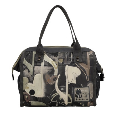Bolsa estampada com alças pretas e etiqueta Anekke