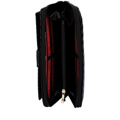 Carteira preta de pele com fecho e interior vermelho