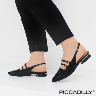 Sapatos rasos femininos em verniz preto da Piccadilly com tiras e salto baixo