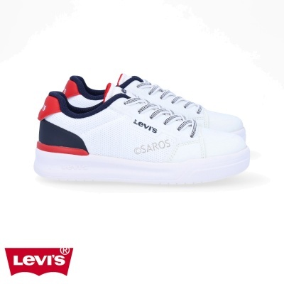 Ténis brancos Levi's com detalhes azul escuro e vermelho