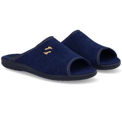 Chinelos de quarto open-toe azul escuro com sola preta.