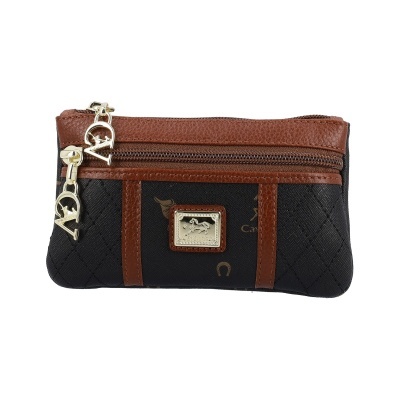 Carteira preta e castanha com zíper e placa metálica Cavalinho