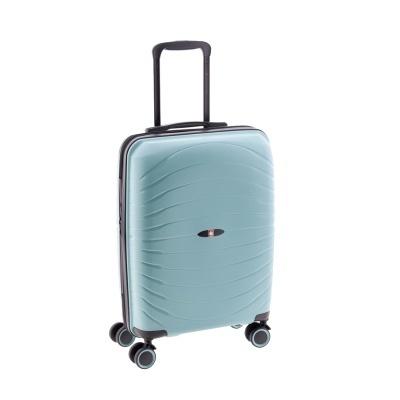 Mala rígida azul claro com quatro rodas e puxador telescópico