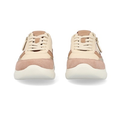 Sapatilhas desportivas bege creme e rosa claro vistas de frente