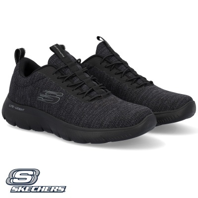 Par de sapatilhas pretas Skechers com sola preta e logótipo cinza