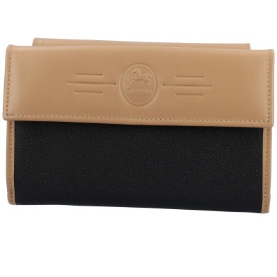 Carteira pele bege e tecido preto com logo Cavalinho