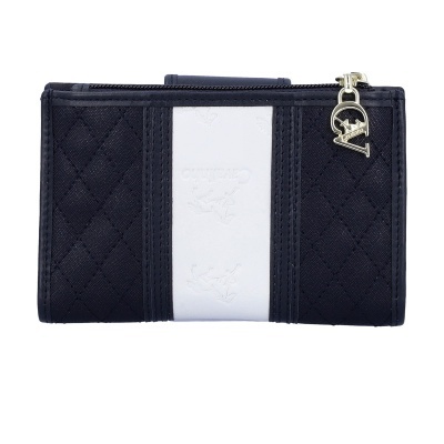 Carteira azul escura matelassê com faixa branca central e logotipo Cavalinho